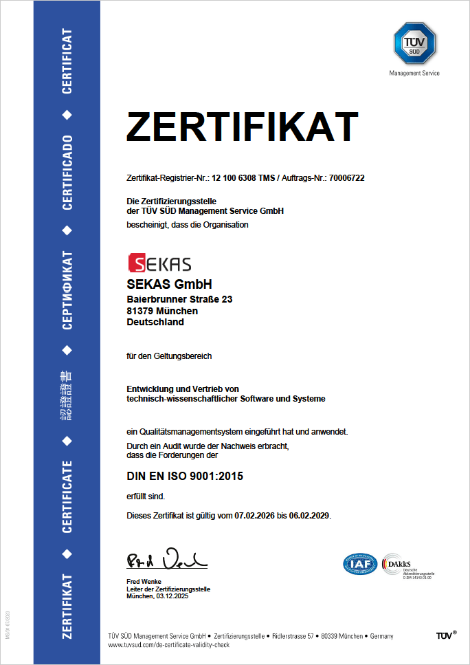 SEKAS ISO 9001:2015 TÜV Zertifikat 2029