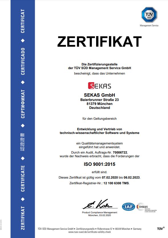 SEKAS ISO 9001:2015 TÜV Zertifikat